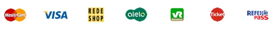 Mastercard, Visa, Rede Shop, Alelo, VR, Ticket e Refeição Pass