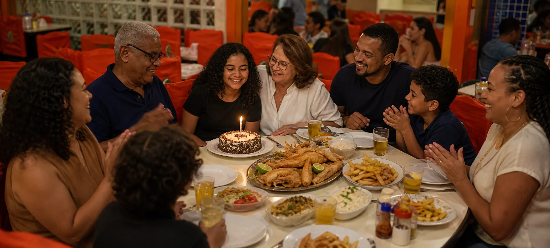 Família comemorando com peixe e acompanhamentos no Chico do Peixe